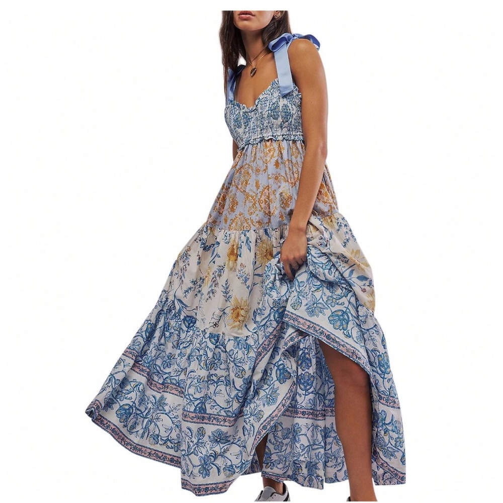 Blue and Cream Floral Tie-Shoulder Maxi Dress - Picture 2 of 5